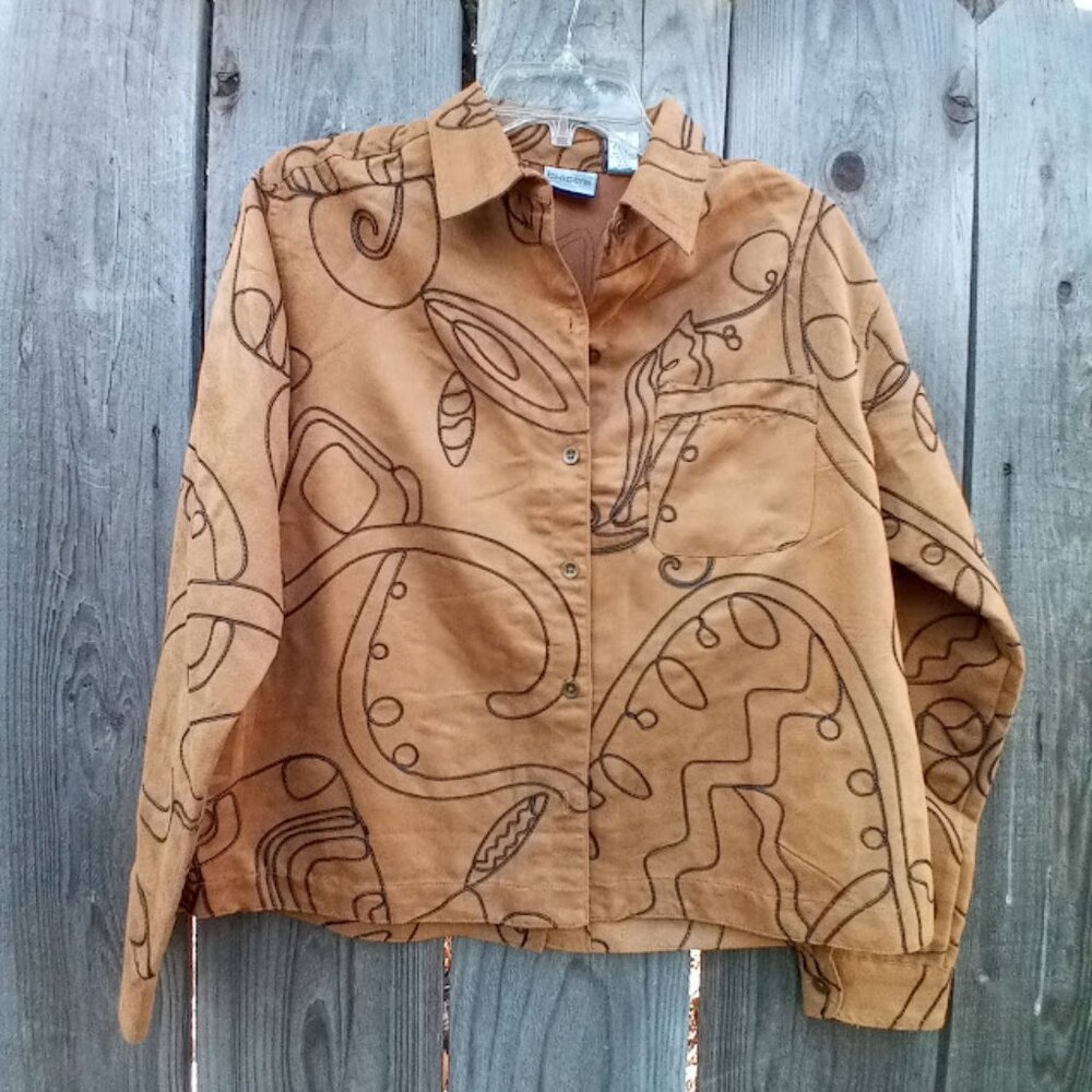 Chico's Moleskin Rich Artsy Camel Crew Embroider Shirt Jacket 1(M-8) Art to Wear
